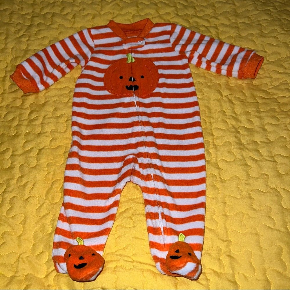 🌼 🎃 Halloween Pumpkin Baby Boys Girls Size 3 months Sleeper Footed Outfit GUC